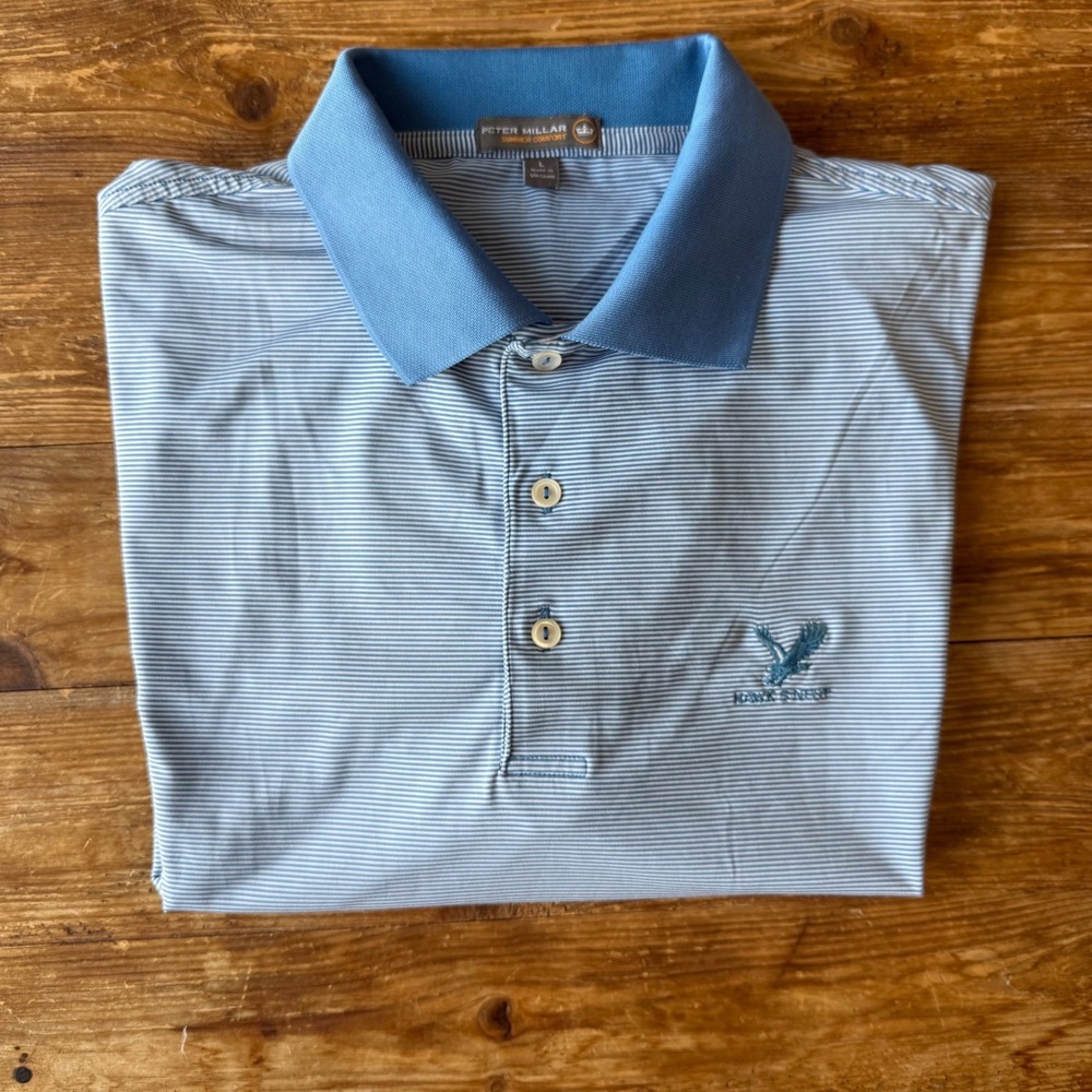 Peter Millar Summer Comfort Mens Large Blue Striped Hawks Nest Polo Shirt EUC